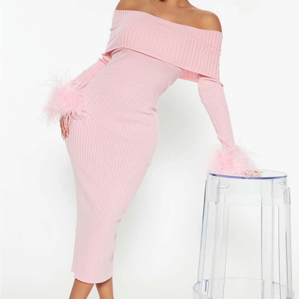 Pink Ribbed Maxi Dress With Feathers - Size M (Only worn once)